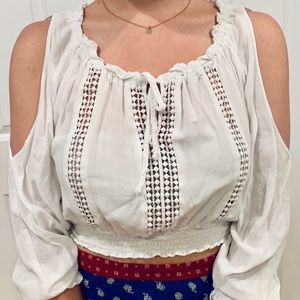 White Bohemian Cropped Blouse w/ Shoulder Cut-Outs